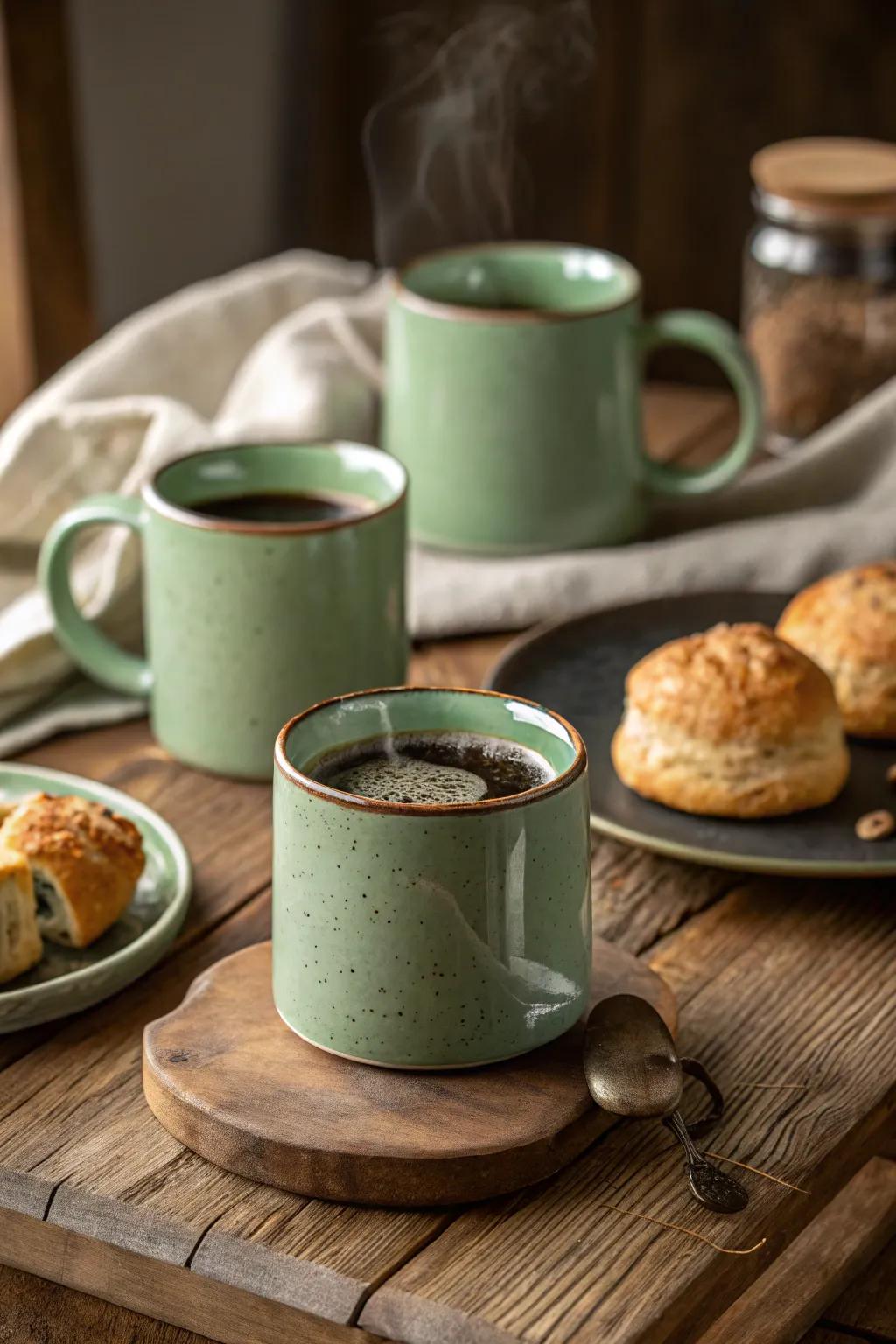 Sage green mugs deliver a tranquil and refined start to your day.