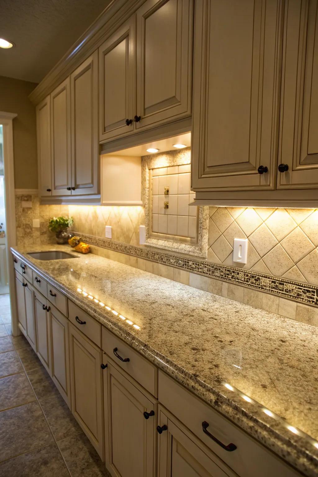 Undercabinet lighting showcases the inherent beauty of Santa Cecilia granite.