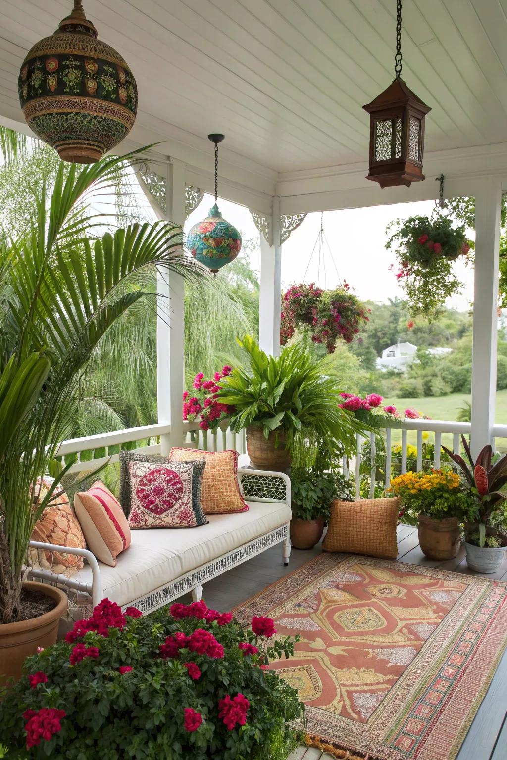 A tropical-themed porch infuses a vacation atmosphere into your dwelling.
