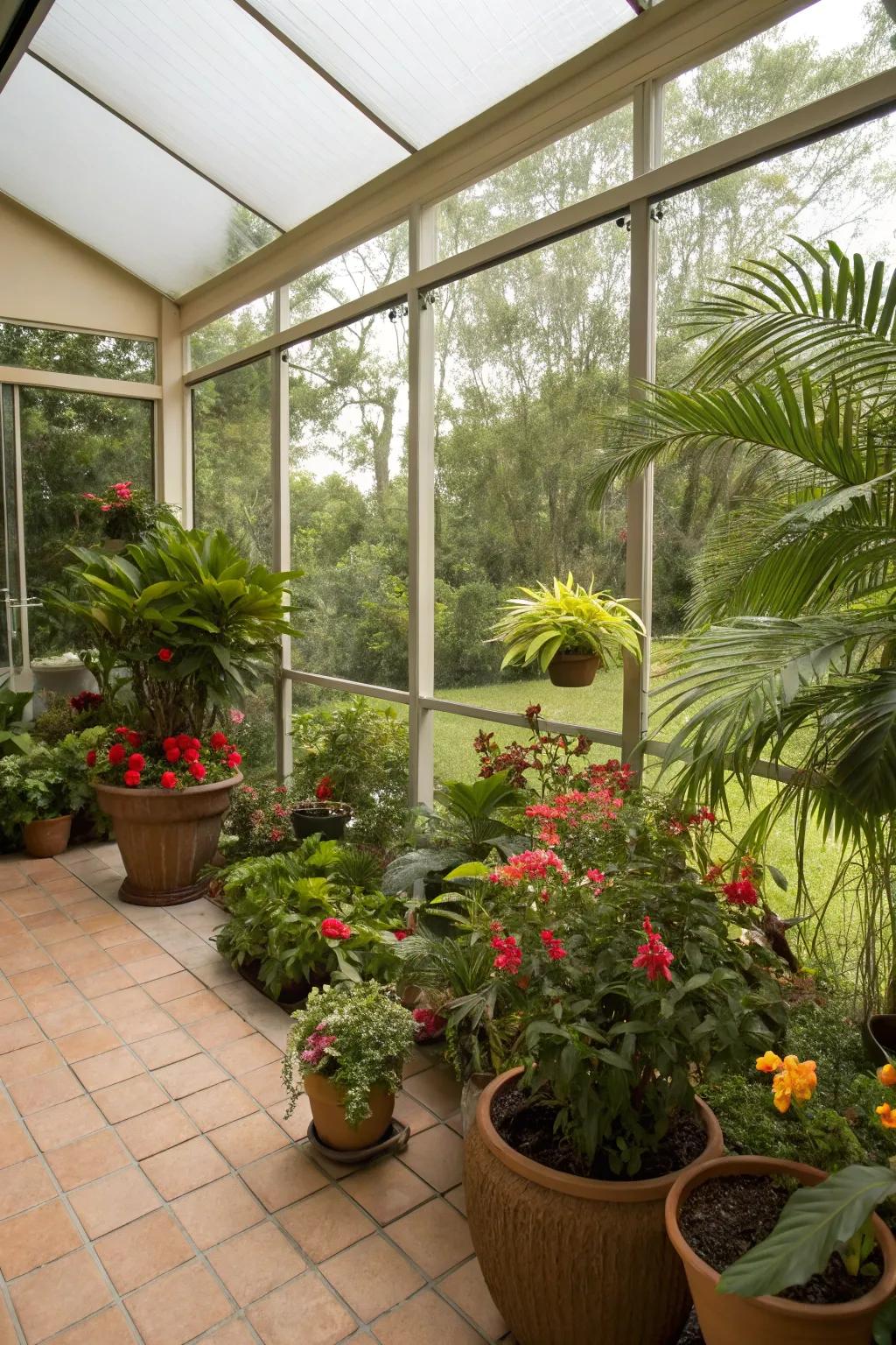 Lush greenery providing life to a screened-in veranda.