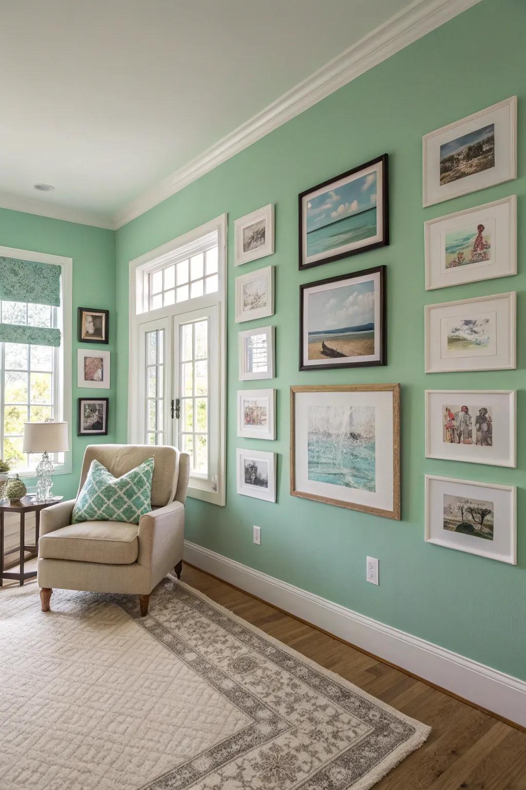 A compelling seafoam green statement wall in an artistic environment.