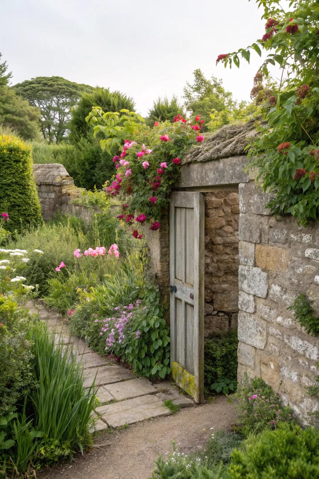A stonewall shrouds a secret garden door, inviting discovery.