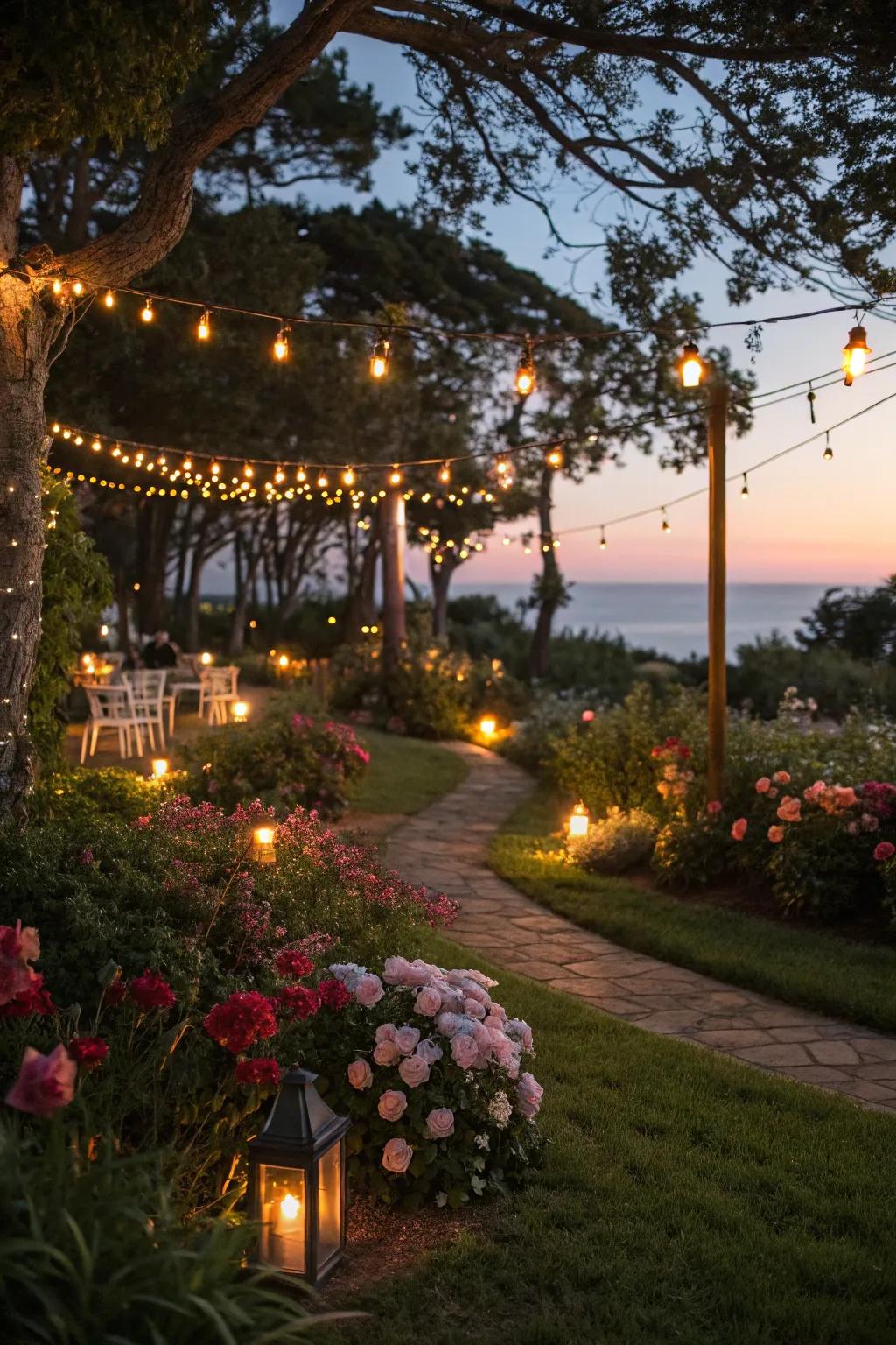 Transform your garden with mesmerizing nighttime lighting.