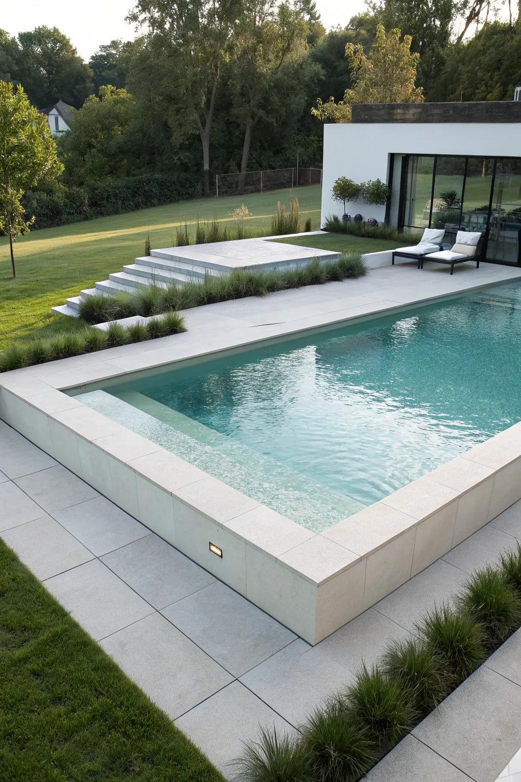 A simple partially submerged pool featuring elegant geometric elements.