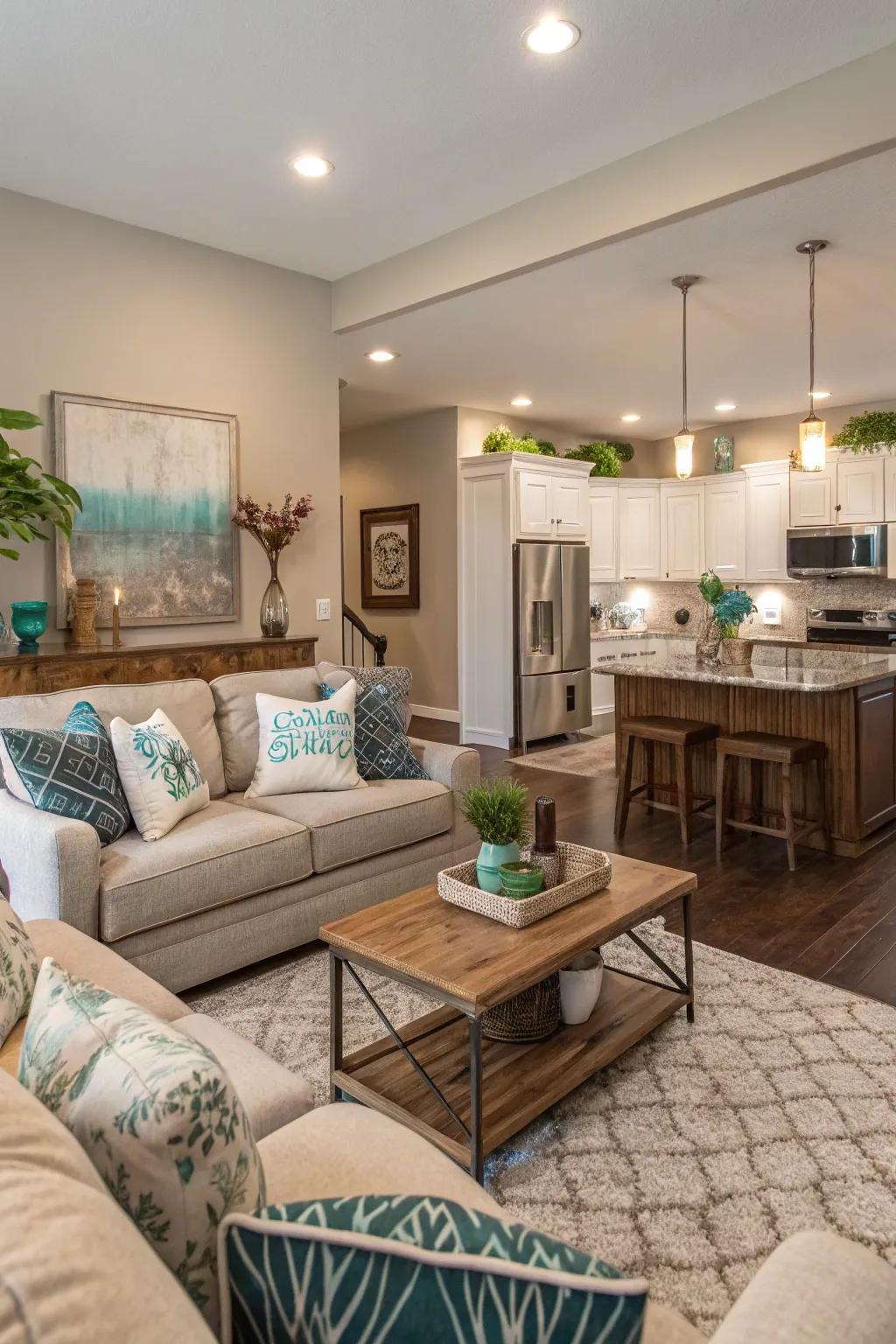 A unified color scheme effortlessly blends the kitchen and living room into a singular, elegant expanse.