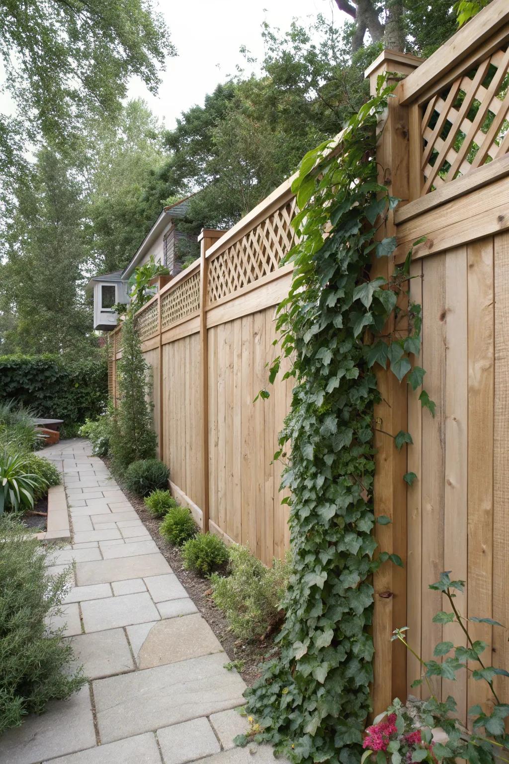 A delightful lattice accent enhances the grace and utility of a semi-private fence.