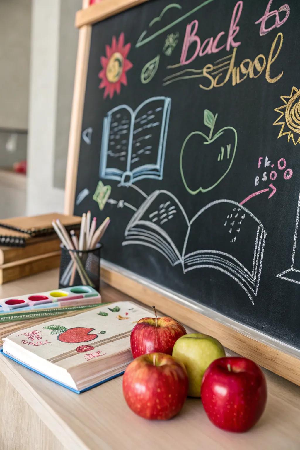 A lively back-to-school chalkboard theme featuring books and apples.
