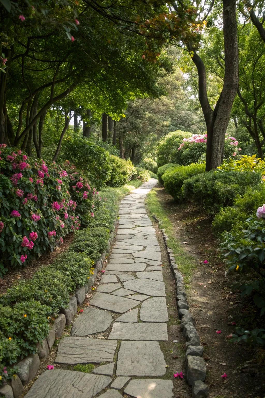 Attractive stone pathways edged by lush greenery.