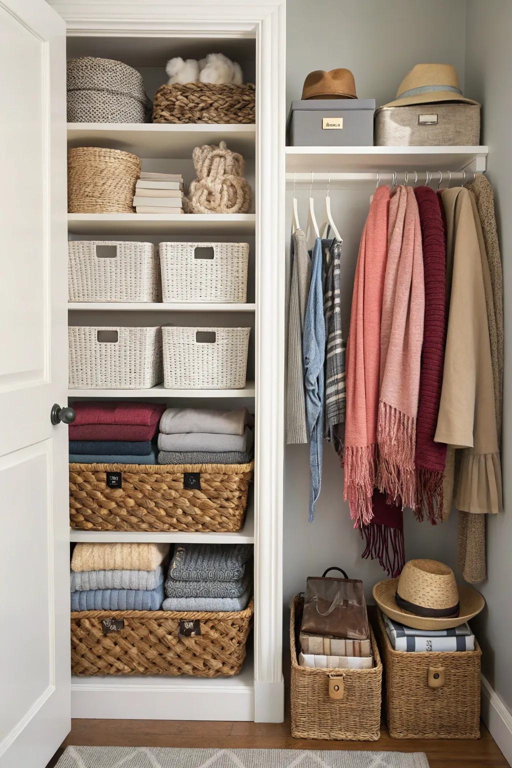 Woven containers and cases methodically organizing accessories within a shared closet.