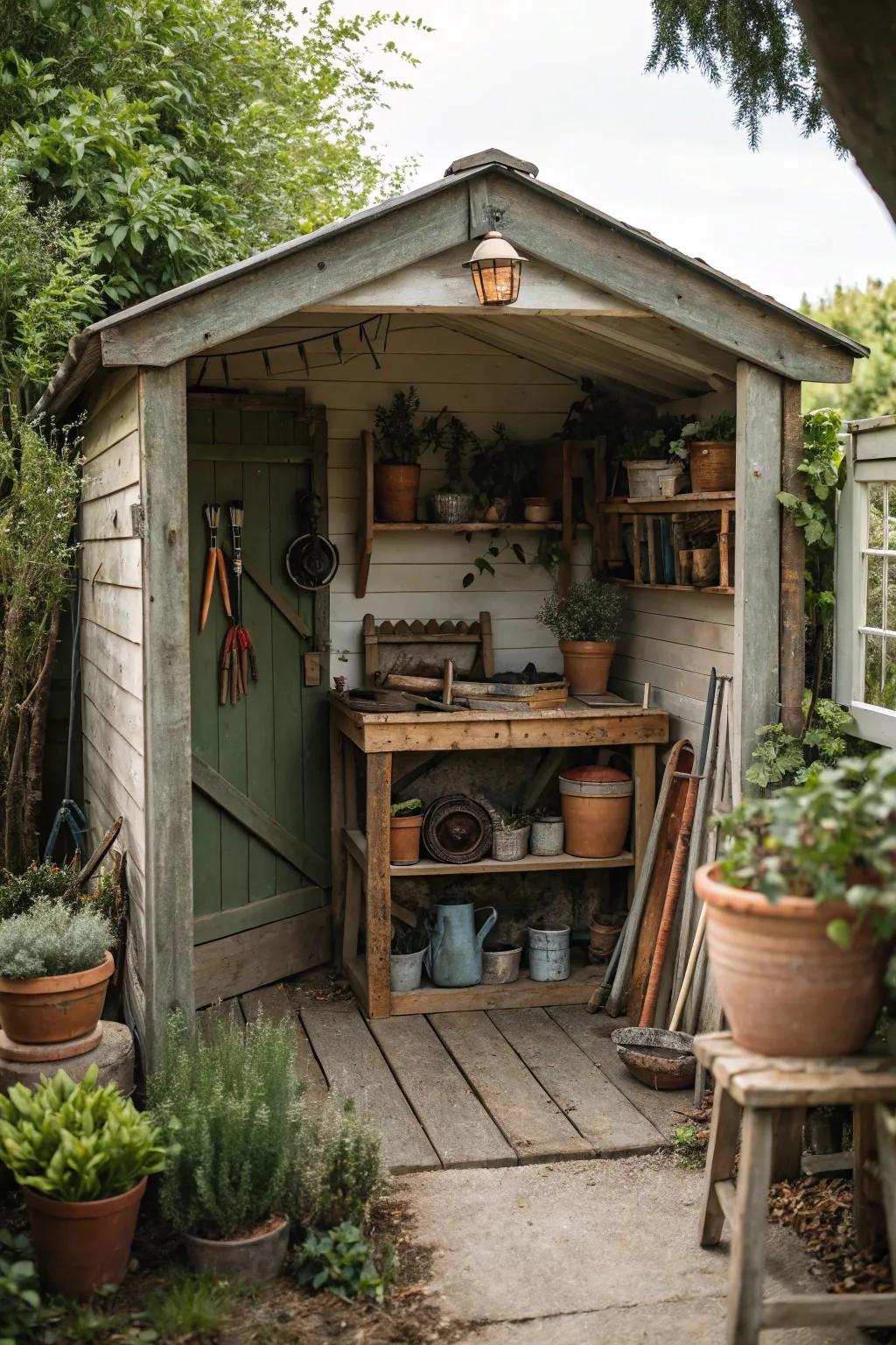Transform your she shed into a gardener's paradise with rustic elements and plenty of plants.
