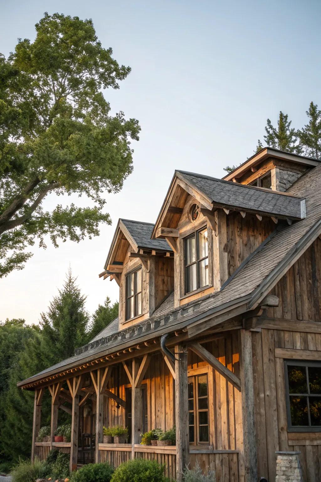 A rustic house displaying a delightful shed dormer.