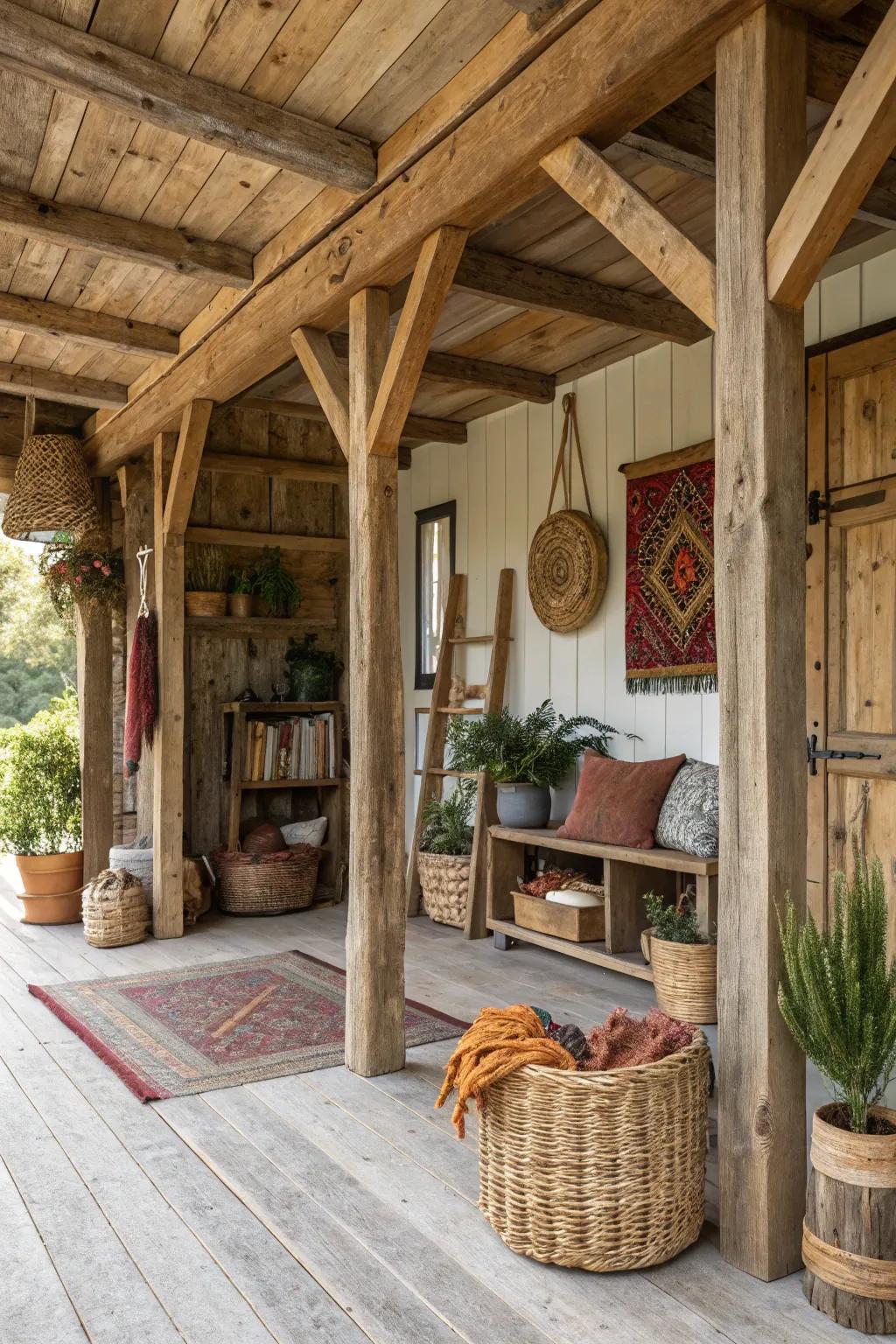 A countryside converted shed interior featuring timber supports and natural decorations.