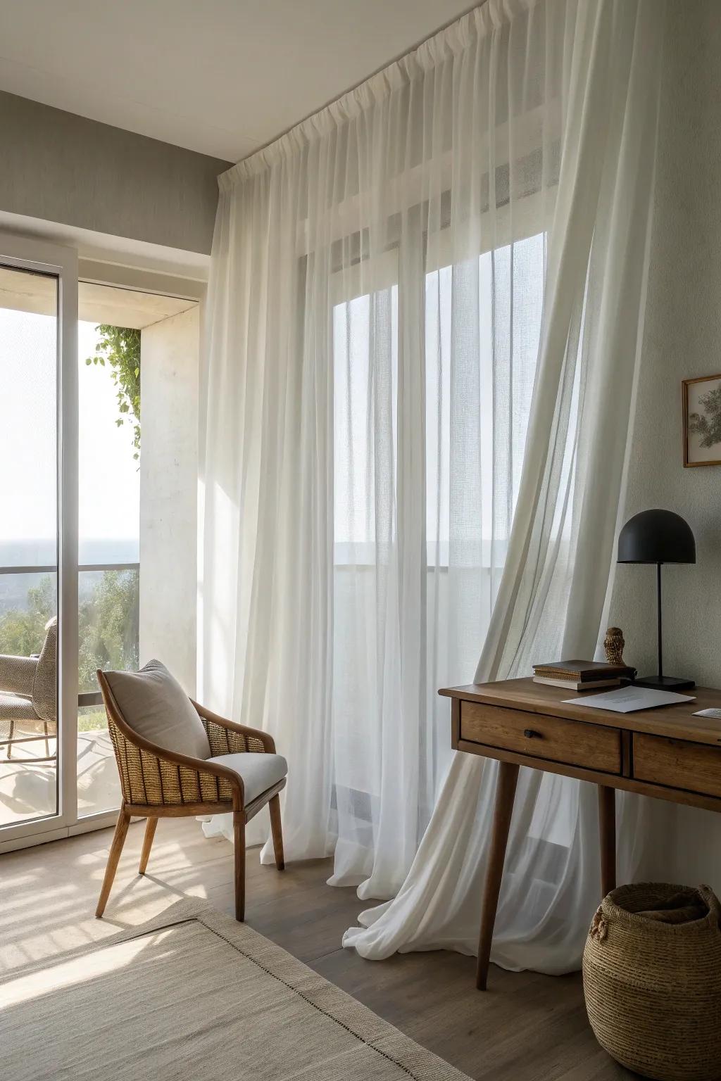 Understated light-filtering curtains blend flawlessly with minimalist decor, forming a subtle refinement.