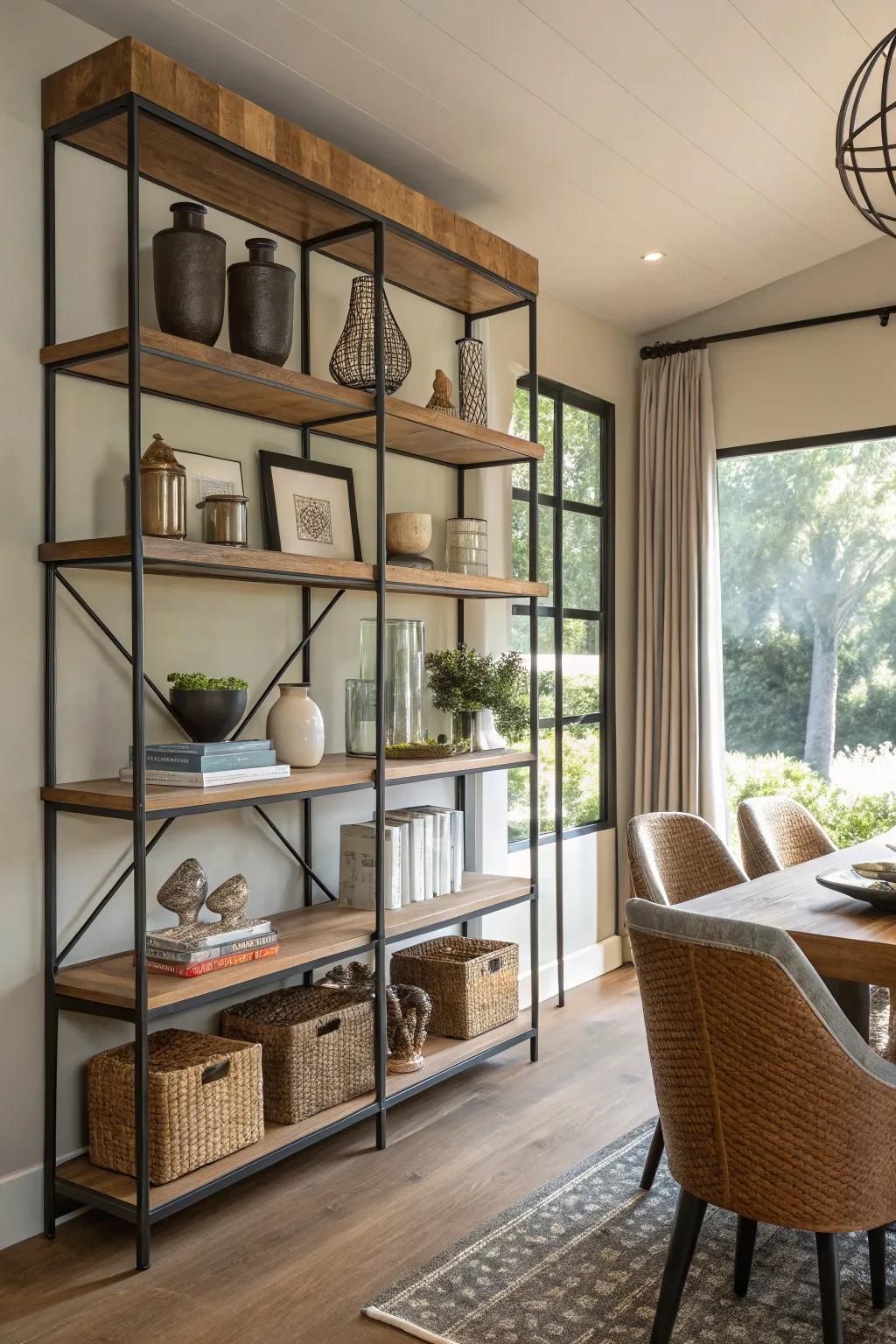 A captivating interplay of timber and alloy shelving within a modern dining ambiance.