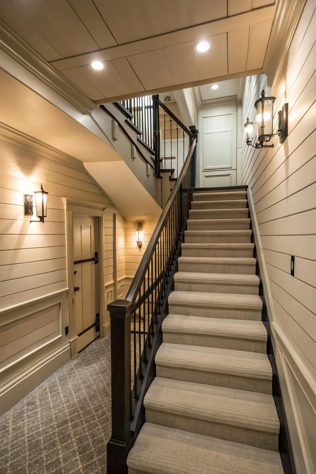 A smooth descent to the basement with shiplap.