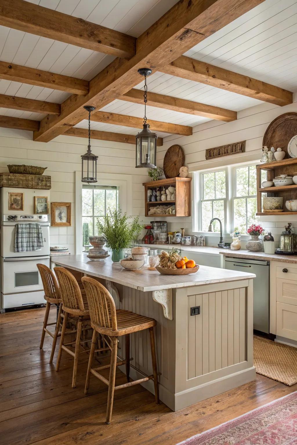 Farmhouse elegance with a shiplap island and raw timber accents.