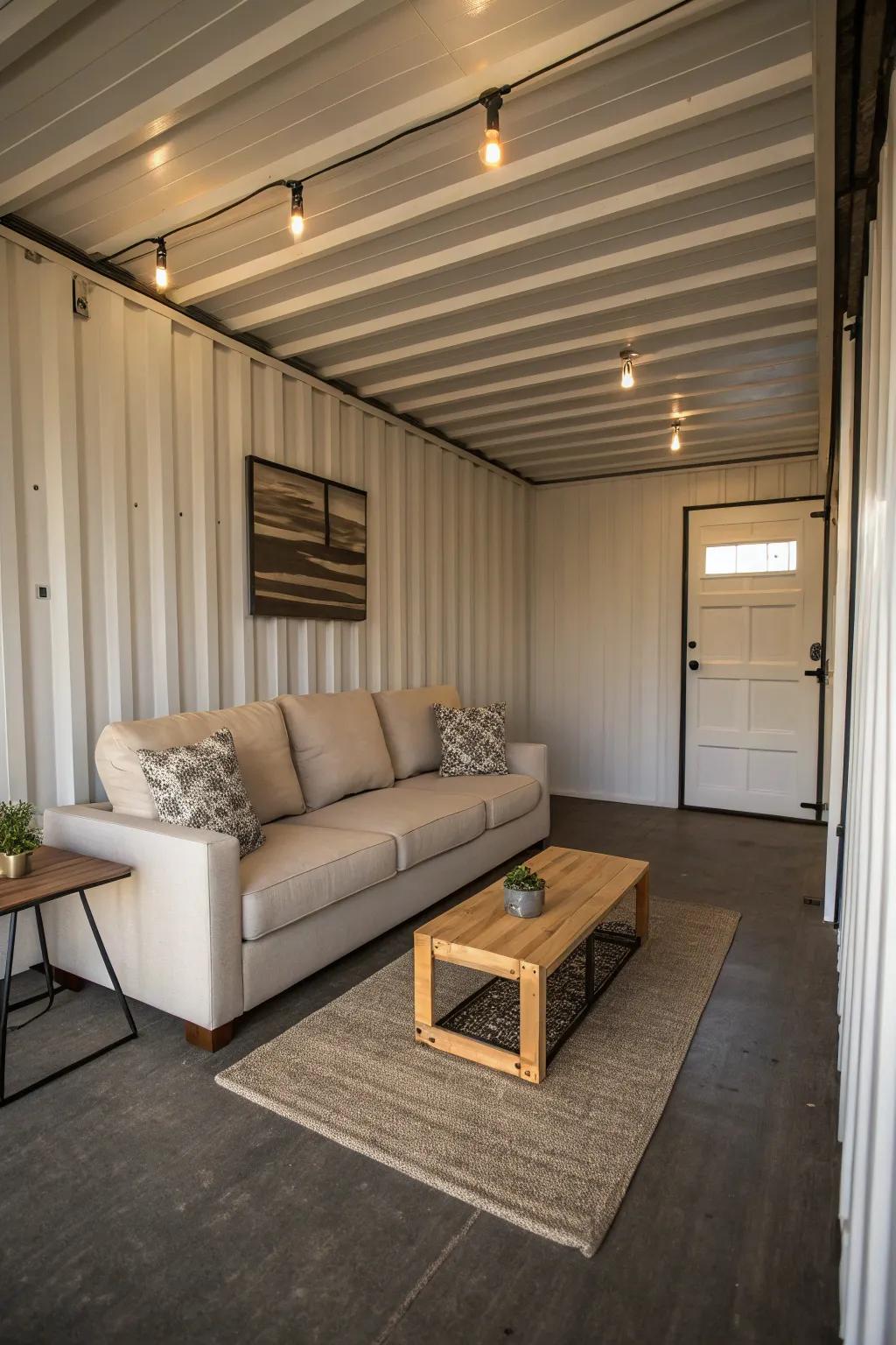 Refined simplicity showcased in a shipping container personal den.