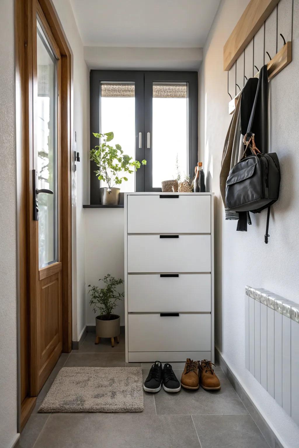 A slender footwear cabinet optimizing storage within a small space.