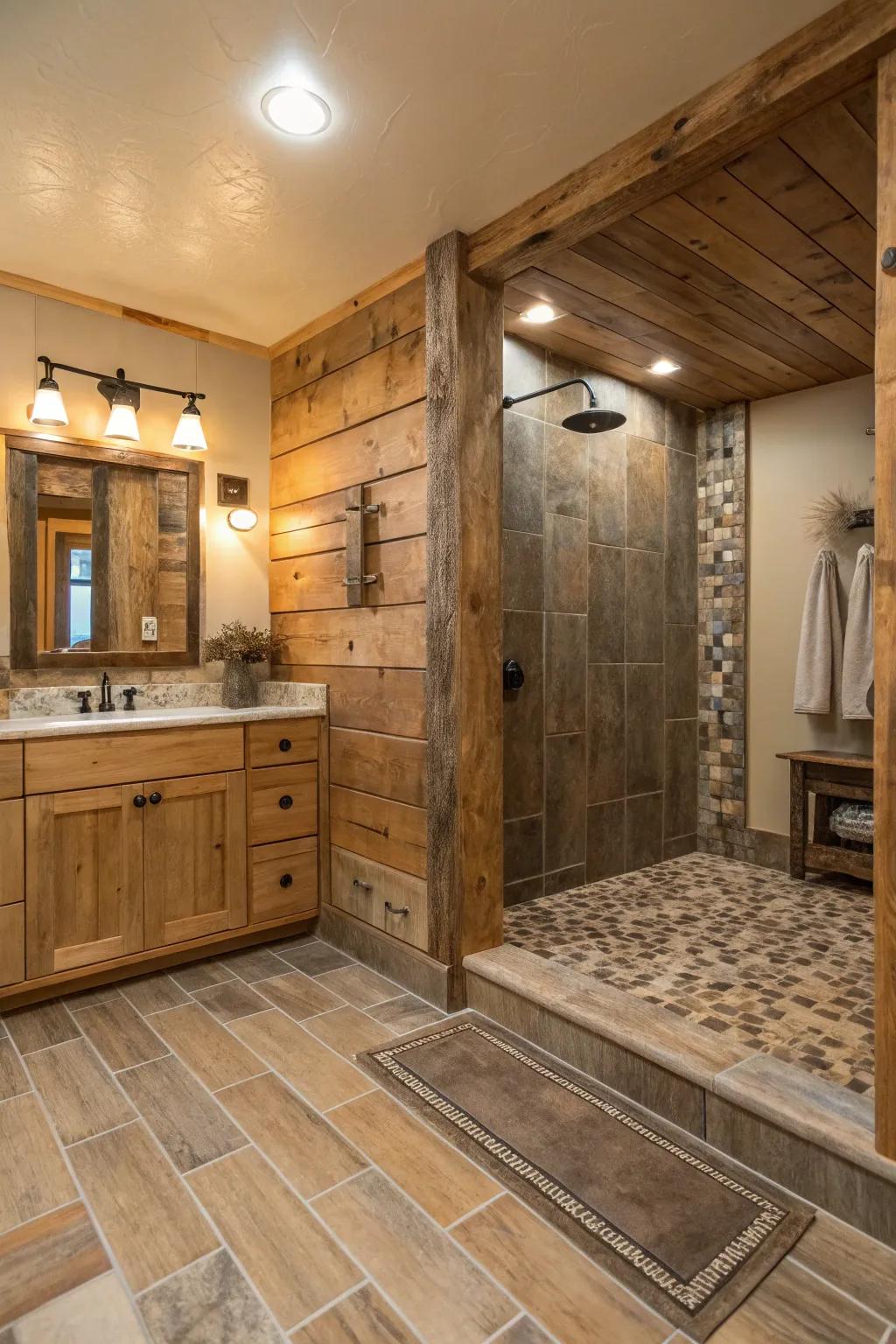 Wood-look tiles bring a welcoming, natural ambiance to the shower space.