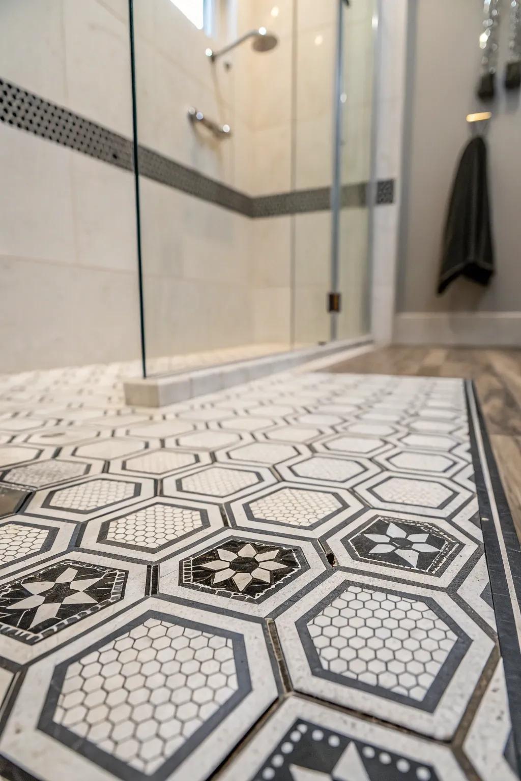 Geometric patterns bring a contemporary twist to any shower floor.