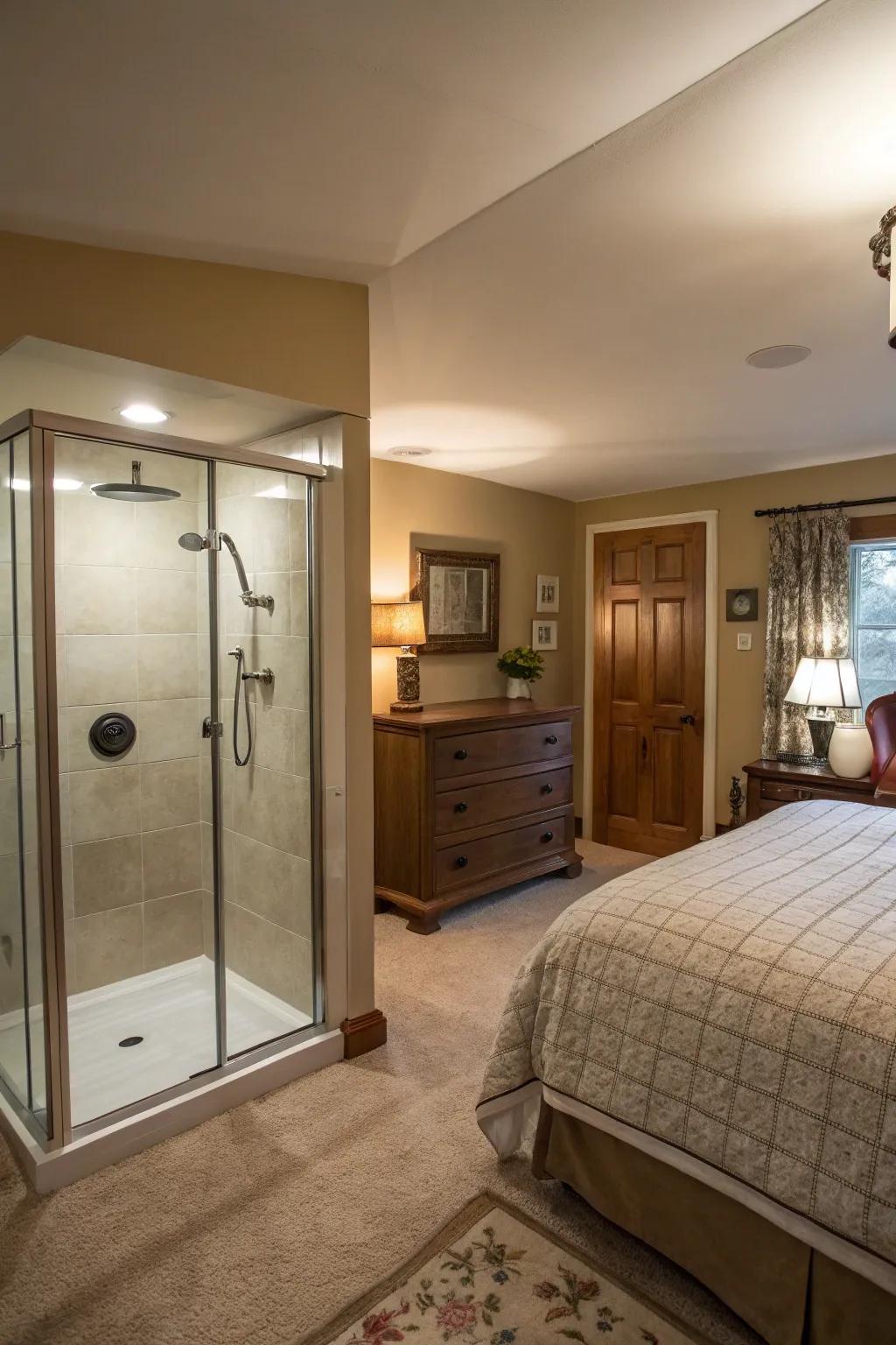 Area-maximizing nook shower nestled into a bedroom's corner.