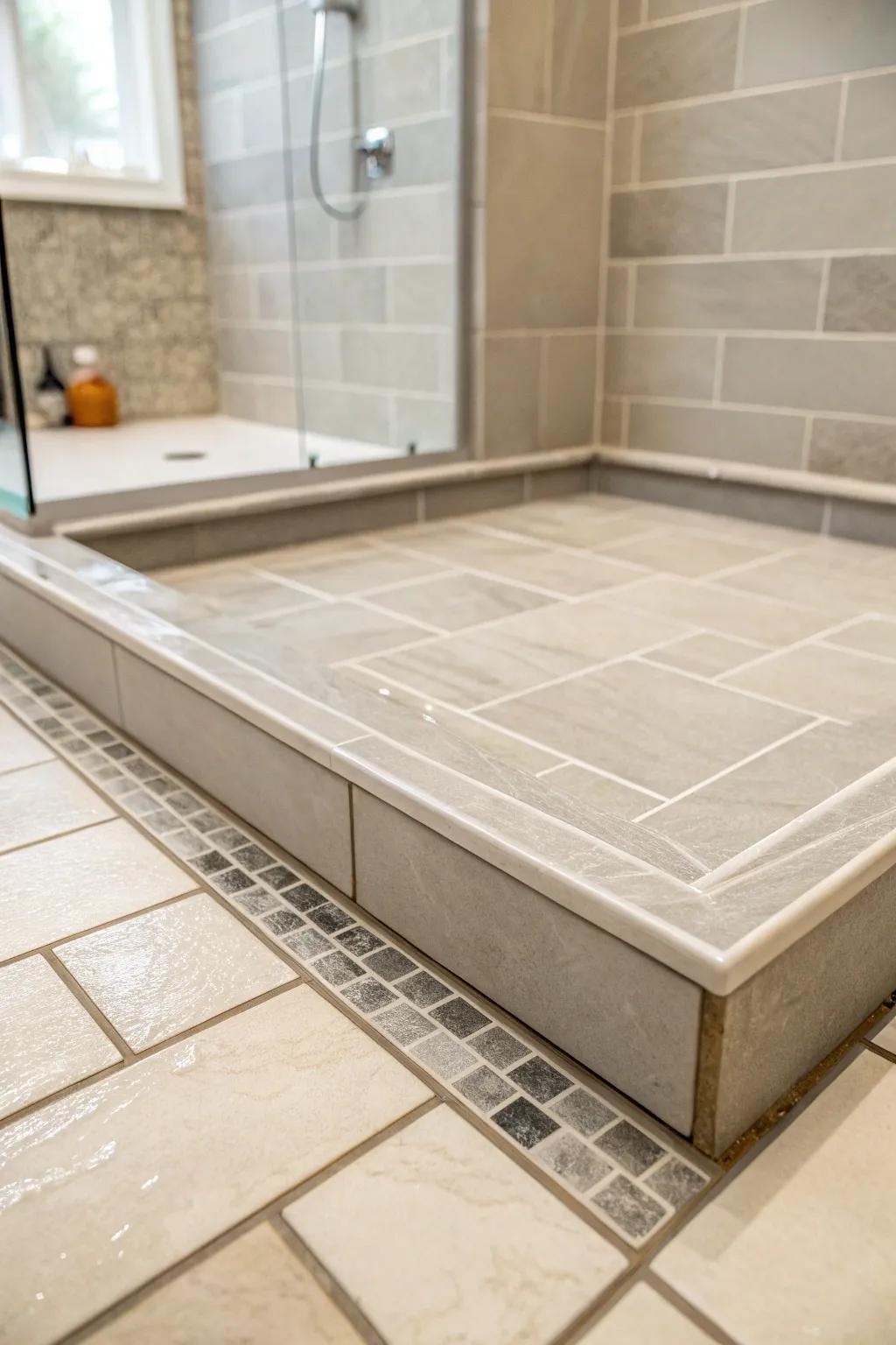A shower base created with large subdued and ashy tiles for a minimalistic and calm ambiance.