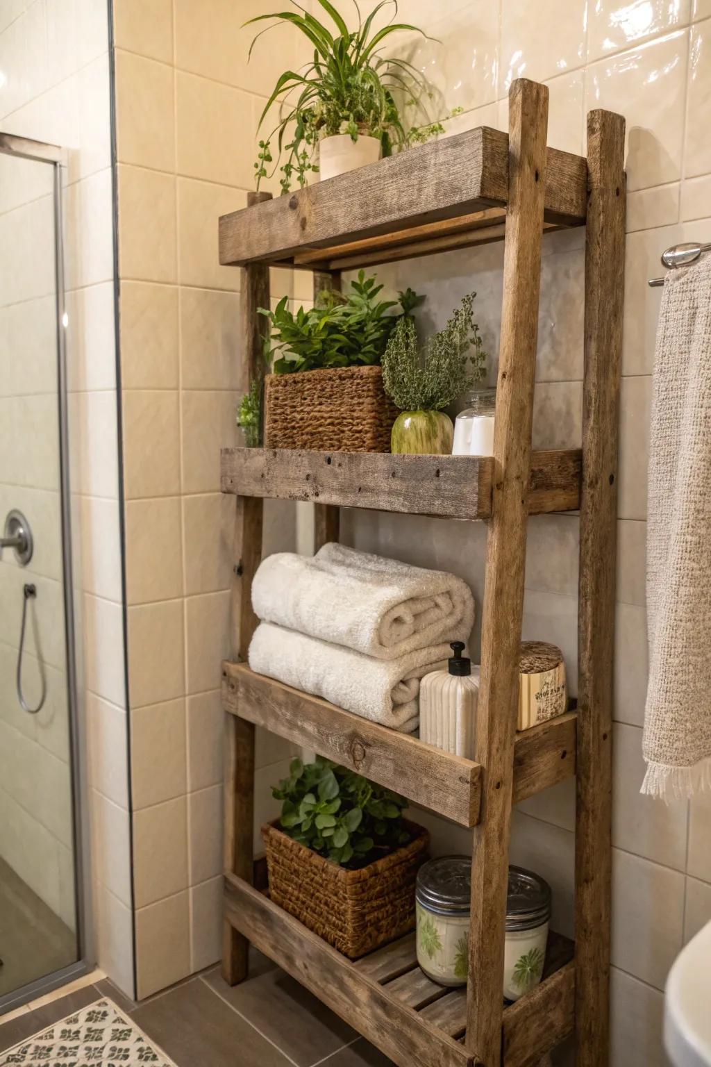 Distressed timber shelves impart an element of allure and comfort to your shower.