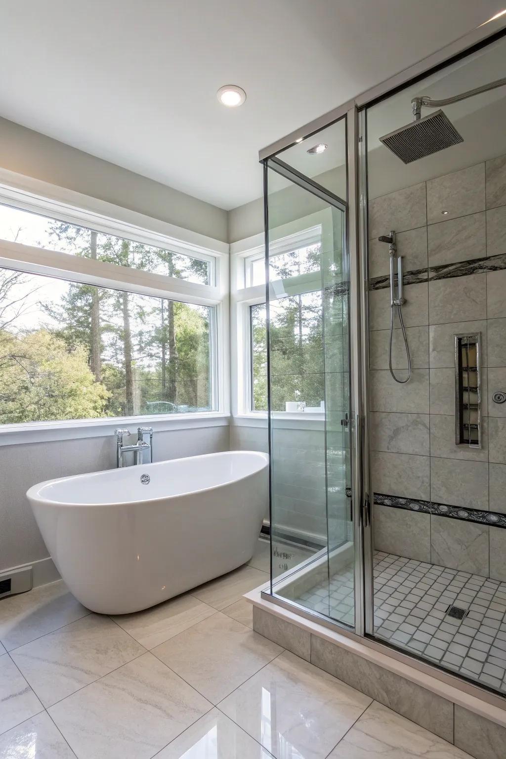 A lavish bathroom featuring a standalone soaking tub adjacent to a chic shower stall.