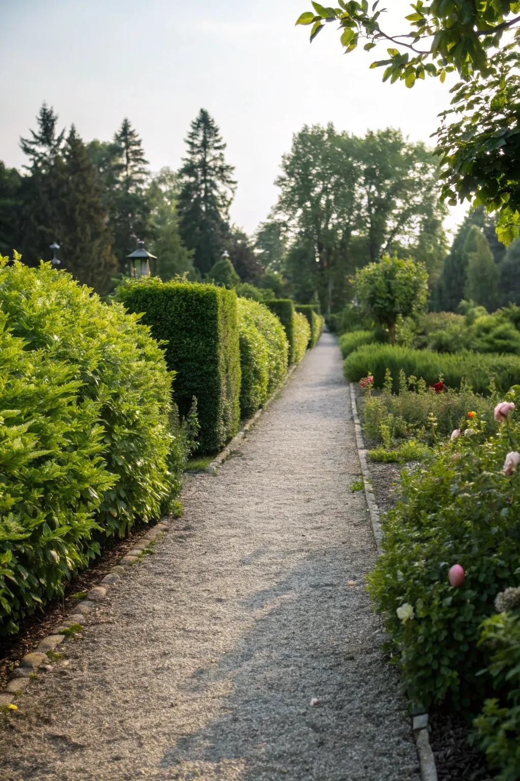 A scenic path bordered by dynamic bushes within a tranquil garden arrangement.