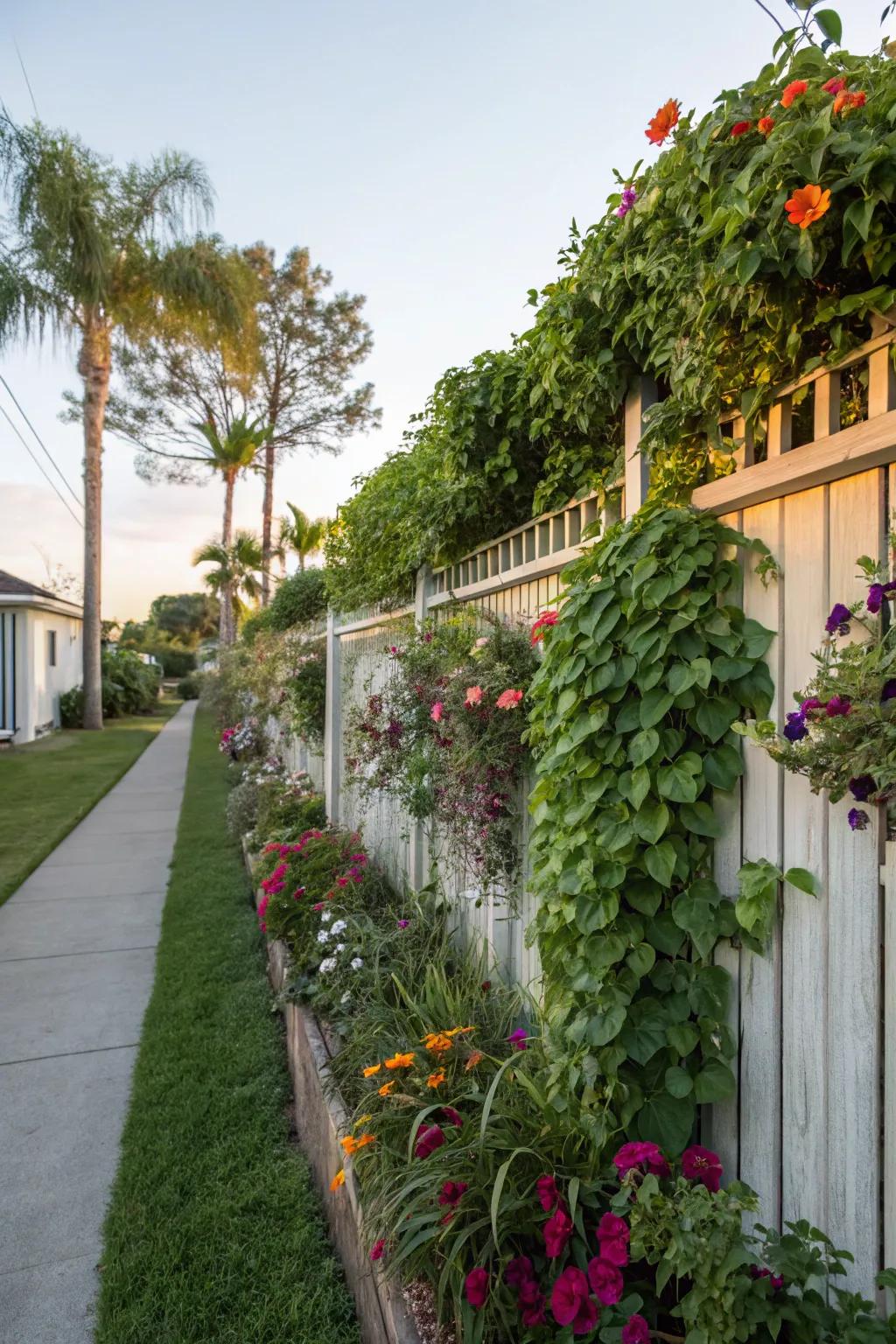 Radiant side yard featuring a vertical garden fence.