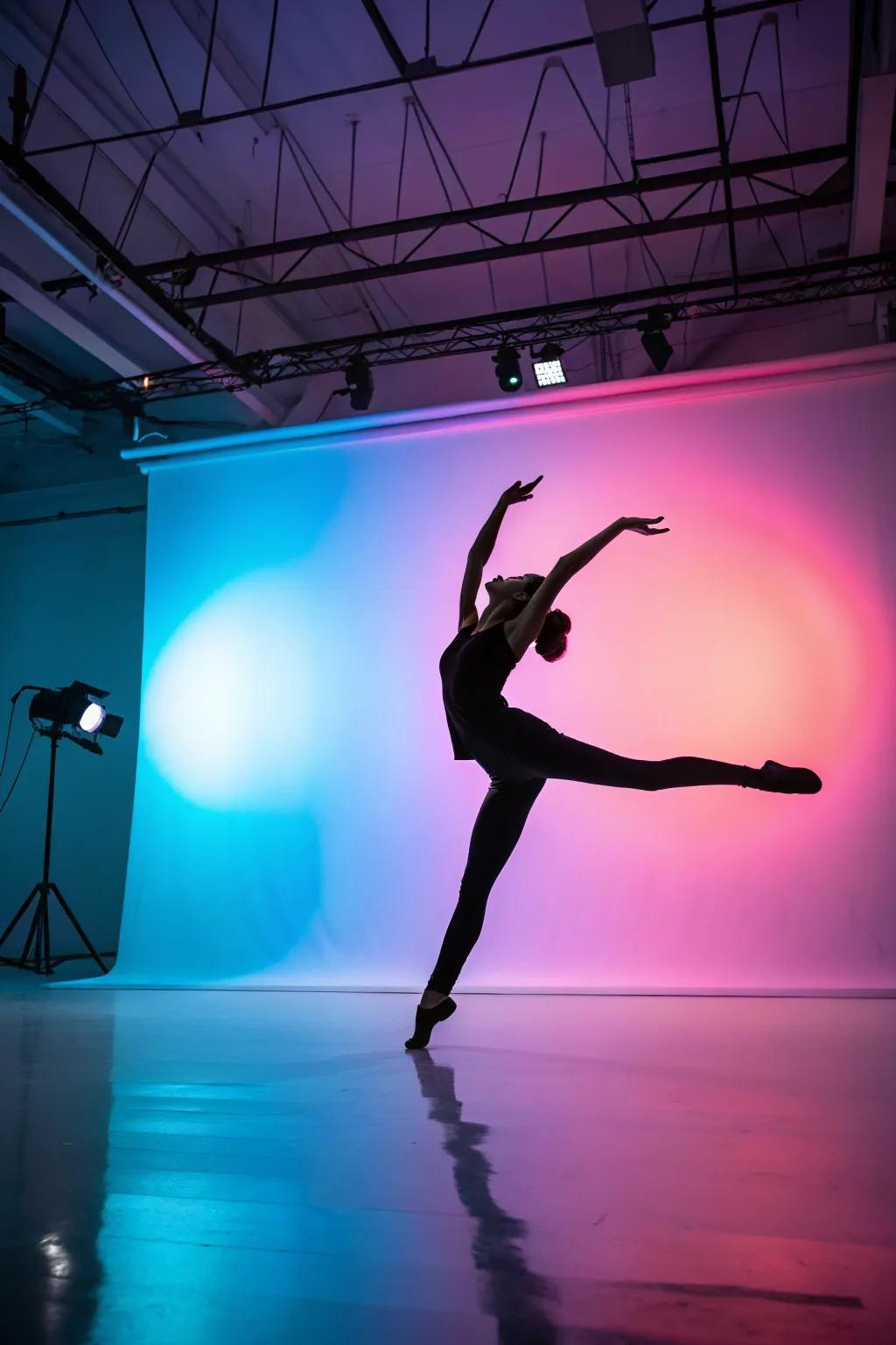 An animated silhouette of a dancer invigorates an artist's workspace.