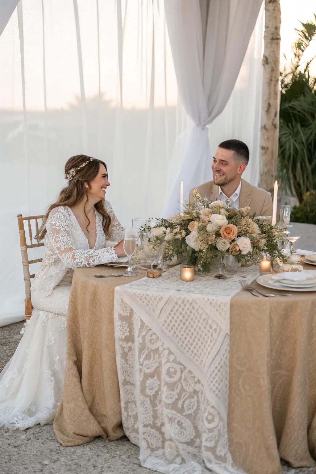 A bride and groom table showcasing refined, textured linens in gentle, neutral hues.