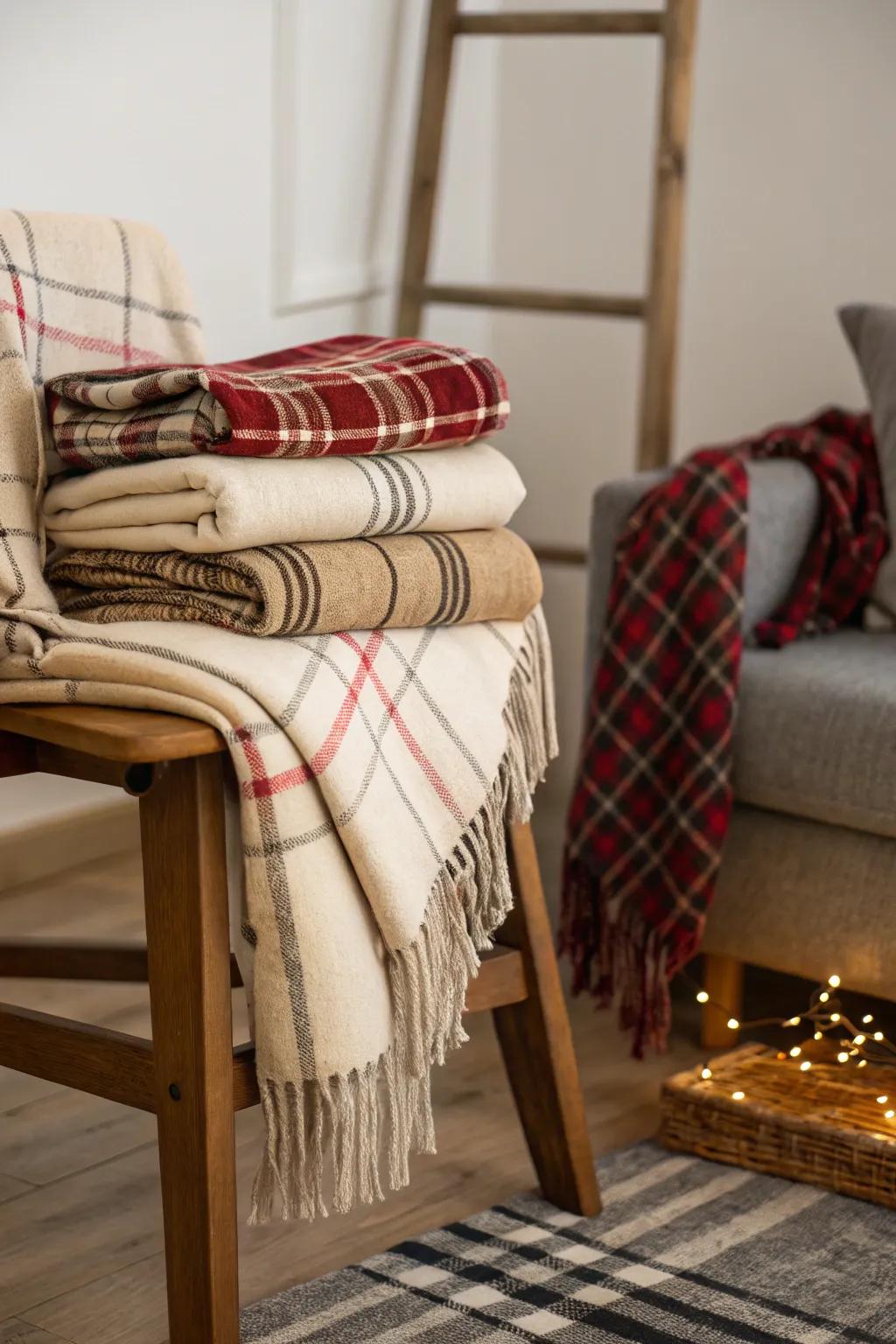 Relaxing wraps contribute warmth to the seasonal arrangement.
