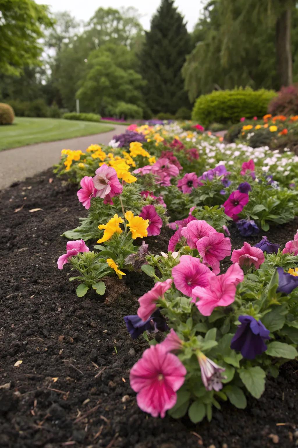 The deep tone of the mulch beautifully complements the lively flowers, heightening the visual impact of the bed.