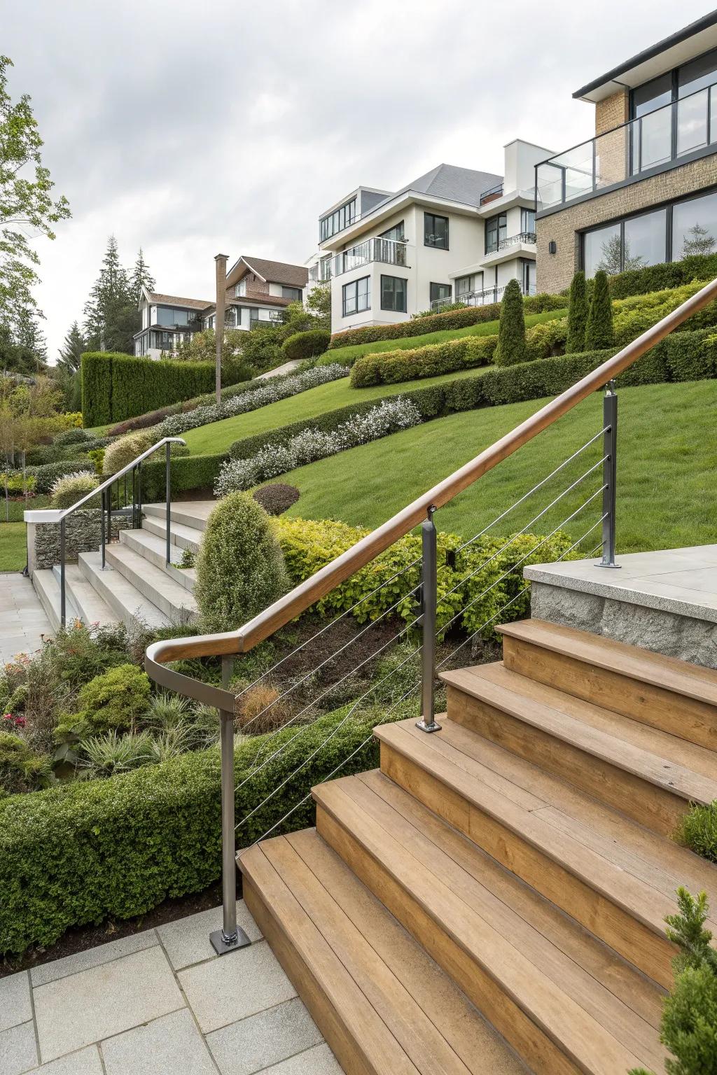 Timber and metal orchestrate a fashionable contrast in this handrail composition.
