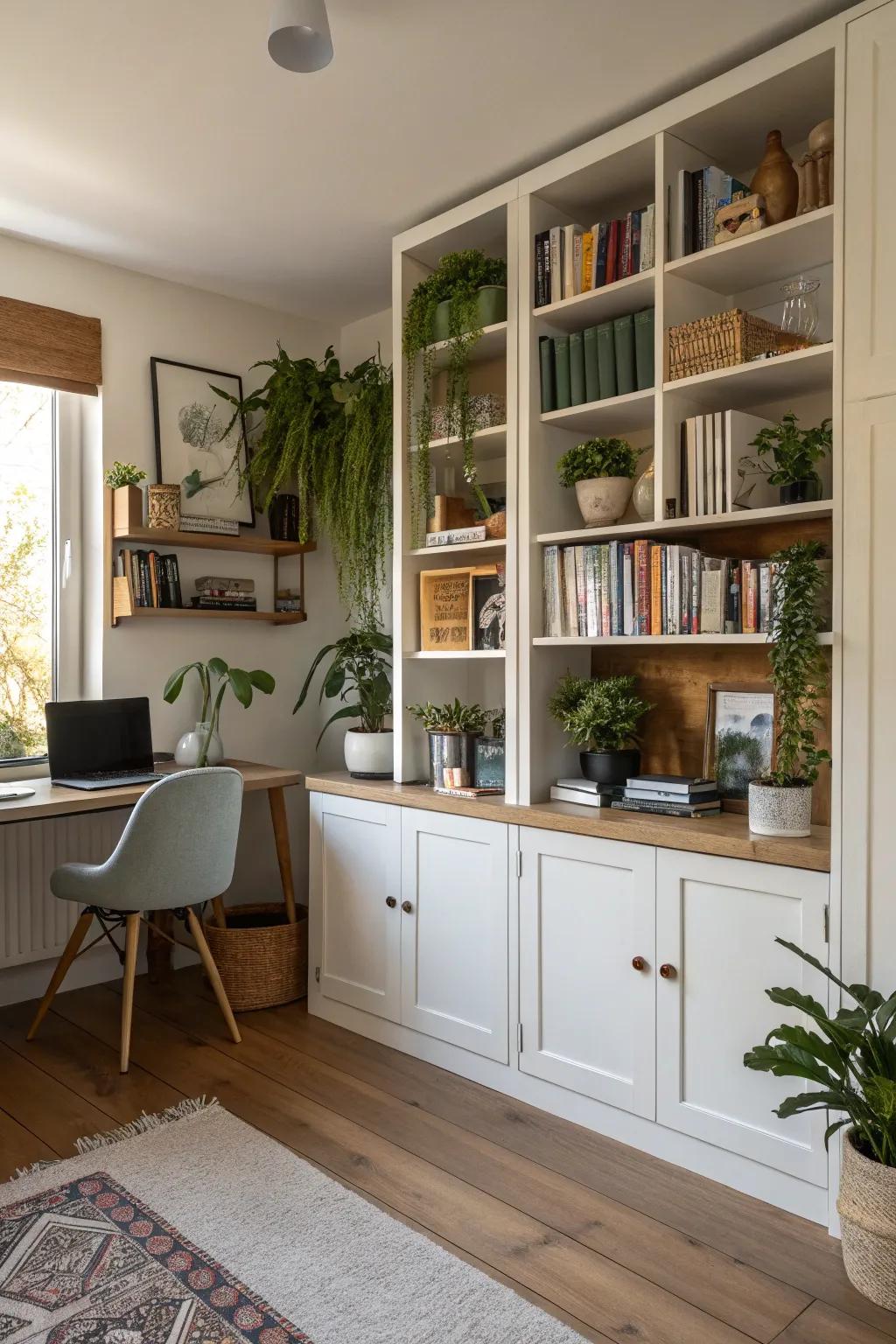 Well-organized shelves create a tidy and personalized work environment.