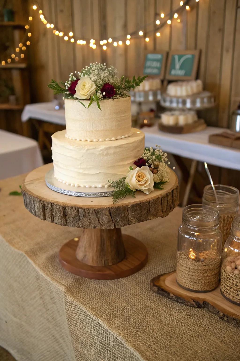 Countryside allure evoked by a timber cake stand.