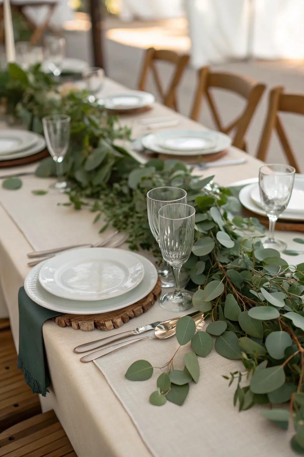 Verdant table runners contribute a natural and refined detail to wedding tables.