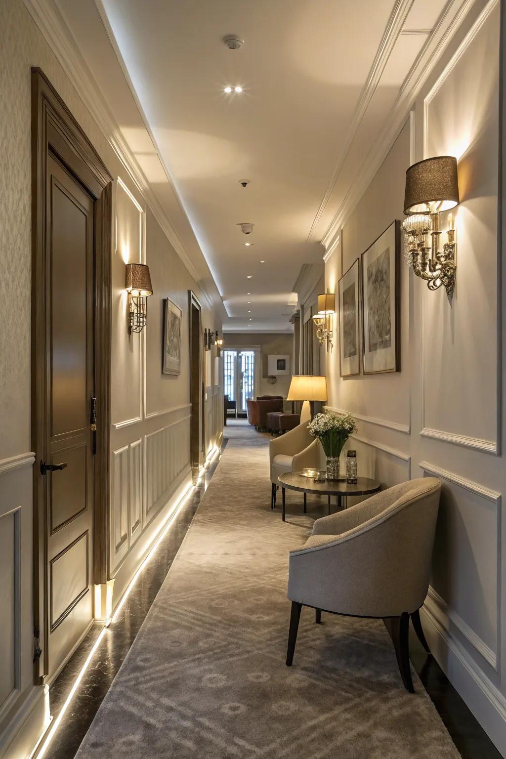 LED lighting draws attention to skirting boards, infusing warmth and dramatic flair.