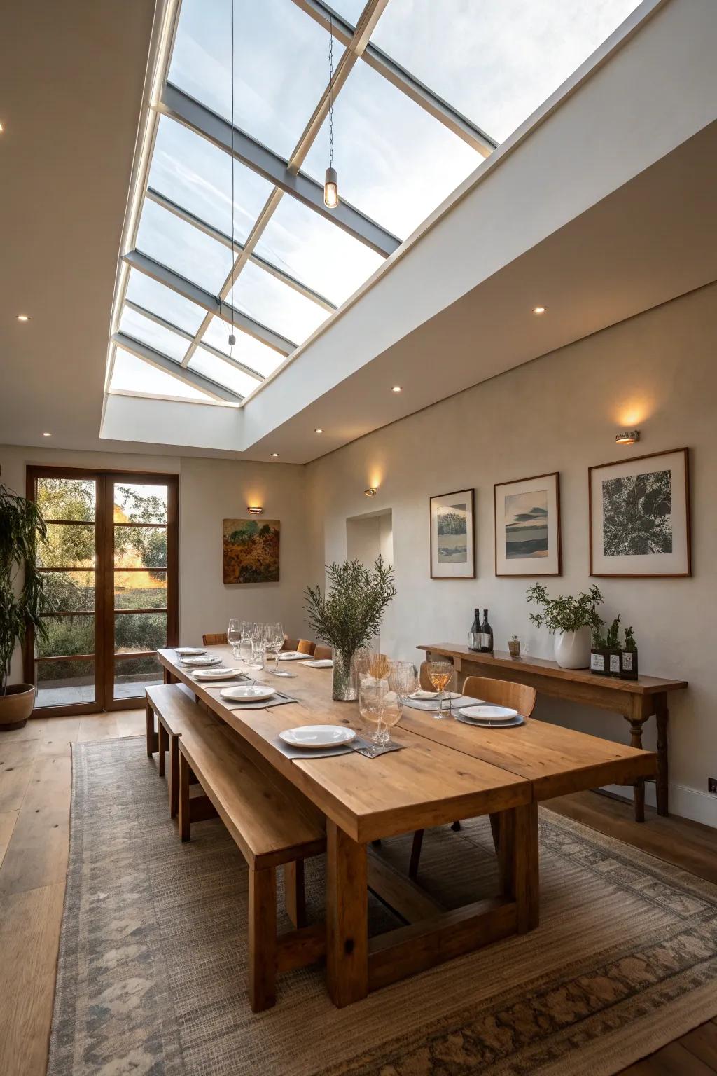 A dining space improved through the gentle glow of a skylight.