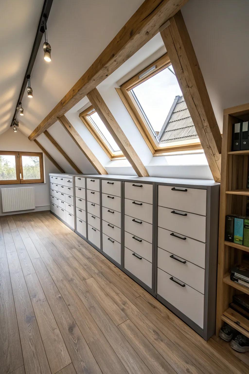 Drawer units fit neatly against slanted walls for orderly storage.