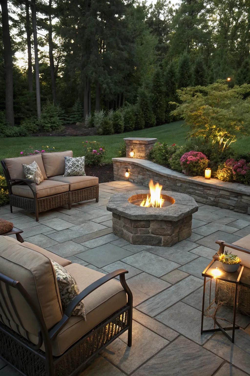 A slate patio with a warm and inviting fire pit.