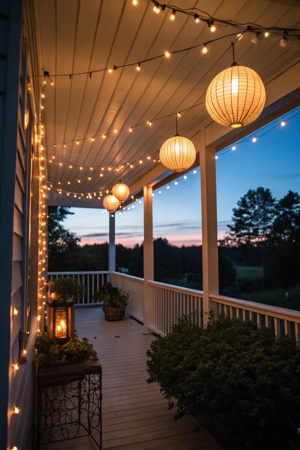 Filament lights and lanterns yield a warm radiance on this modest back veranda.