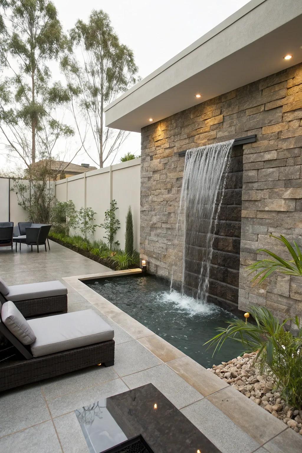 A wall-mounted waterfall imparts a contemporary and graceful nuance to your garden.