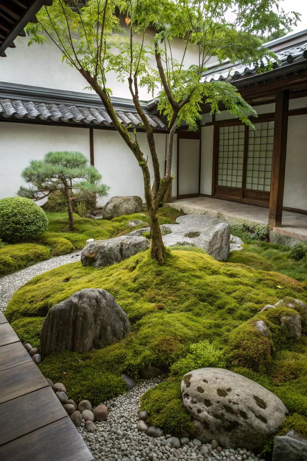 A serene zen garden with a vibrant moss surface complemented by stones and a small tree.