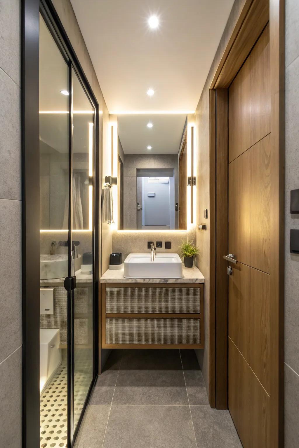 Mirrored doors enhance spatial perception by reflecting light effectively.