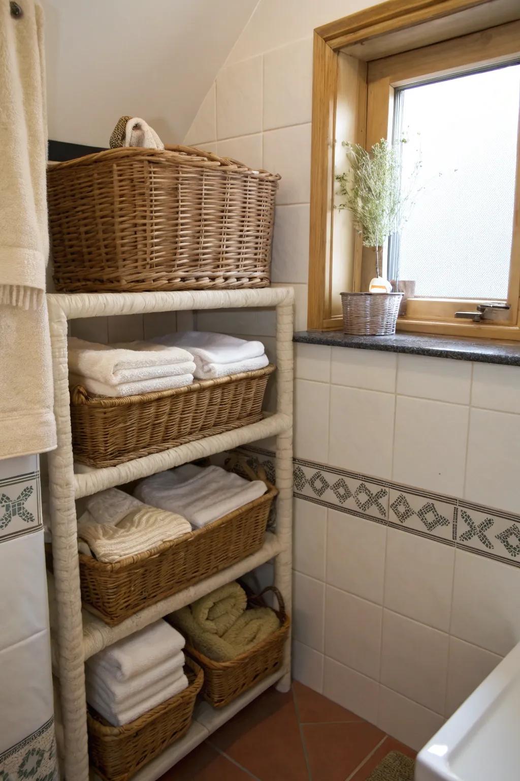 Achieve a rustic yet organized storage solution with baskets.