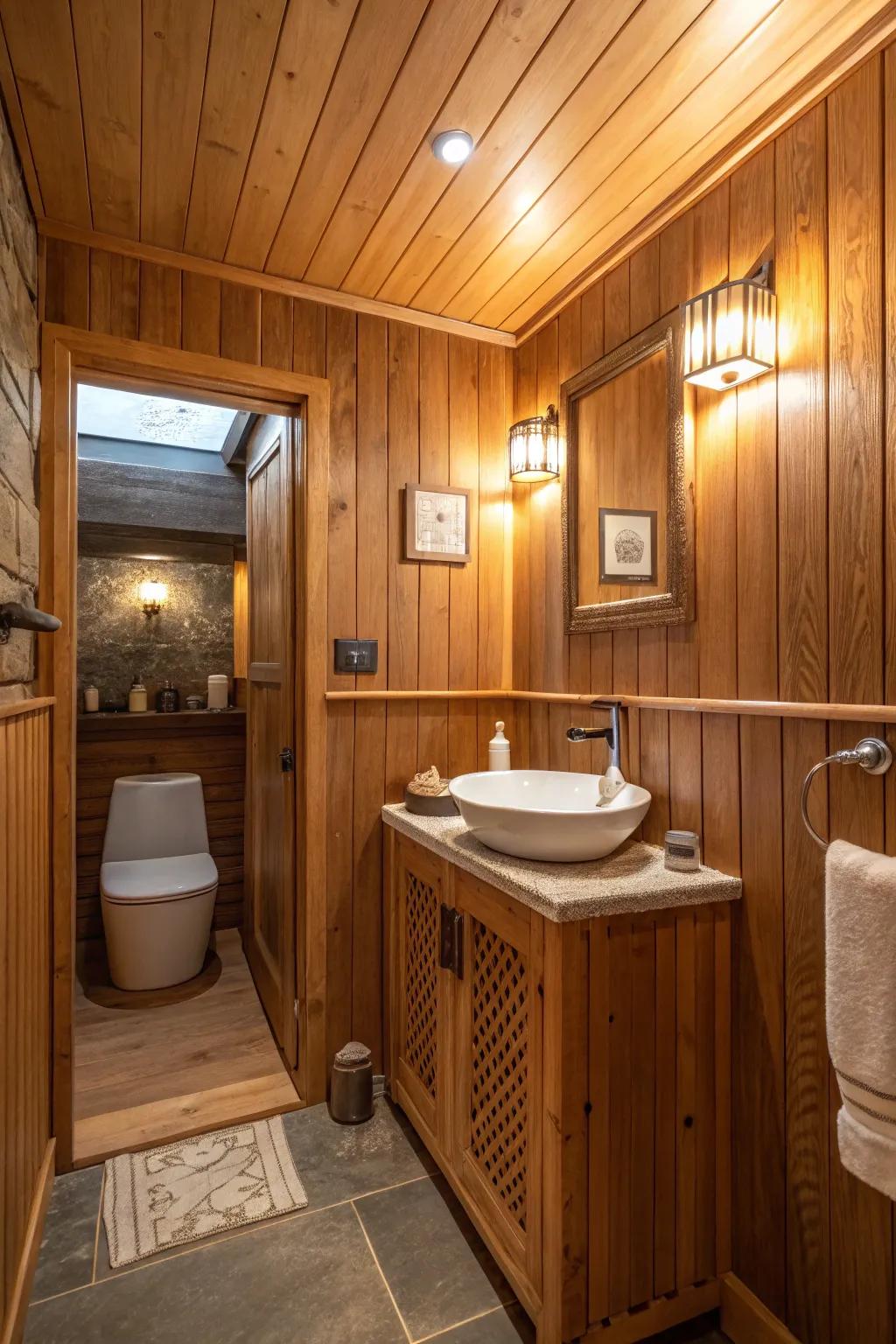 Wood paneling adorns a petite bathroom, magnifying warmth and cultivating a tranquil setting.