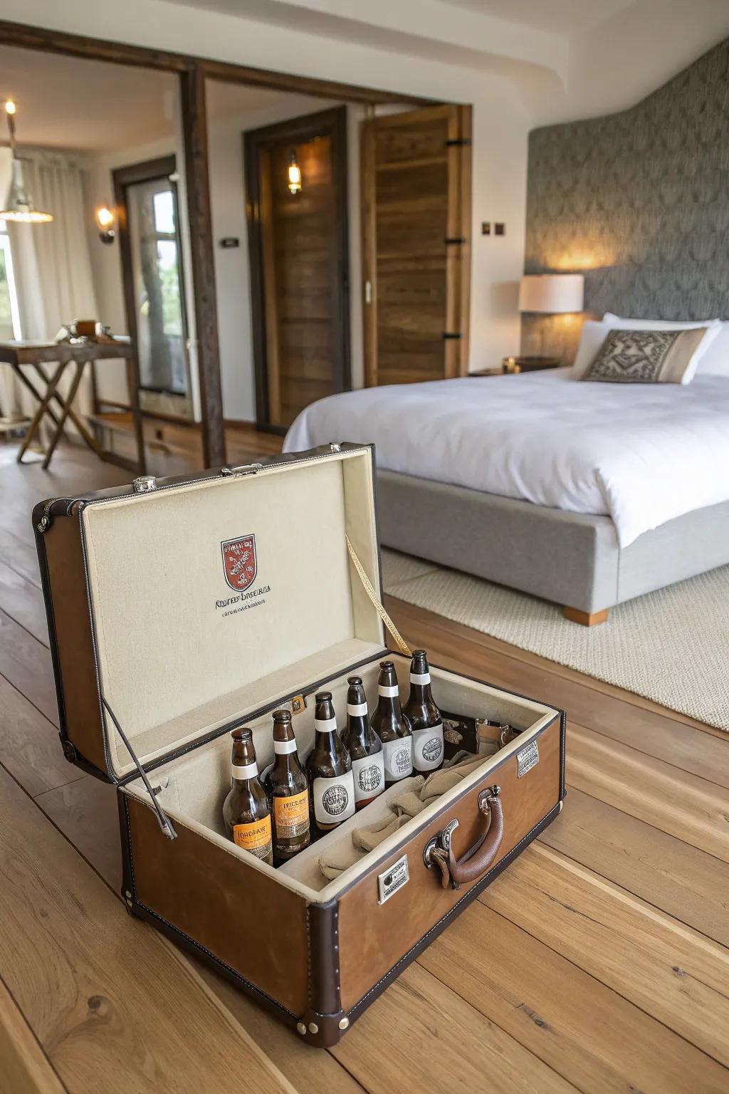 Retro travel trunk showcase ideal for a nostalgic accent.