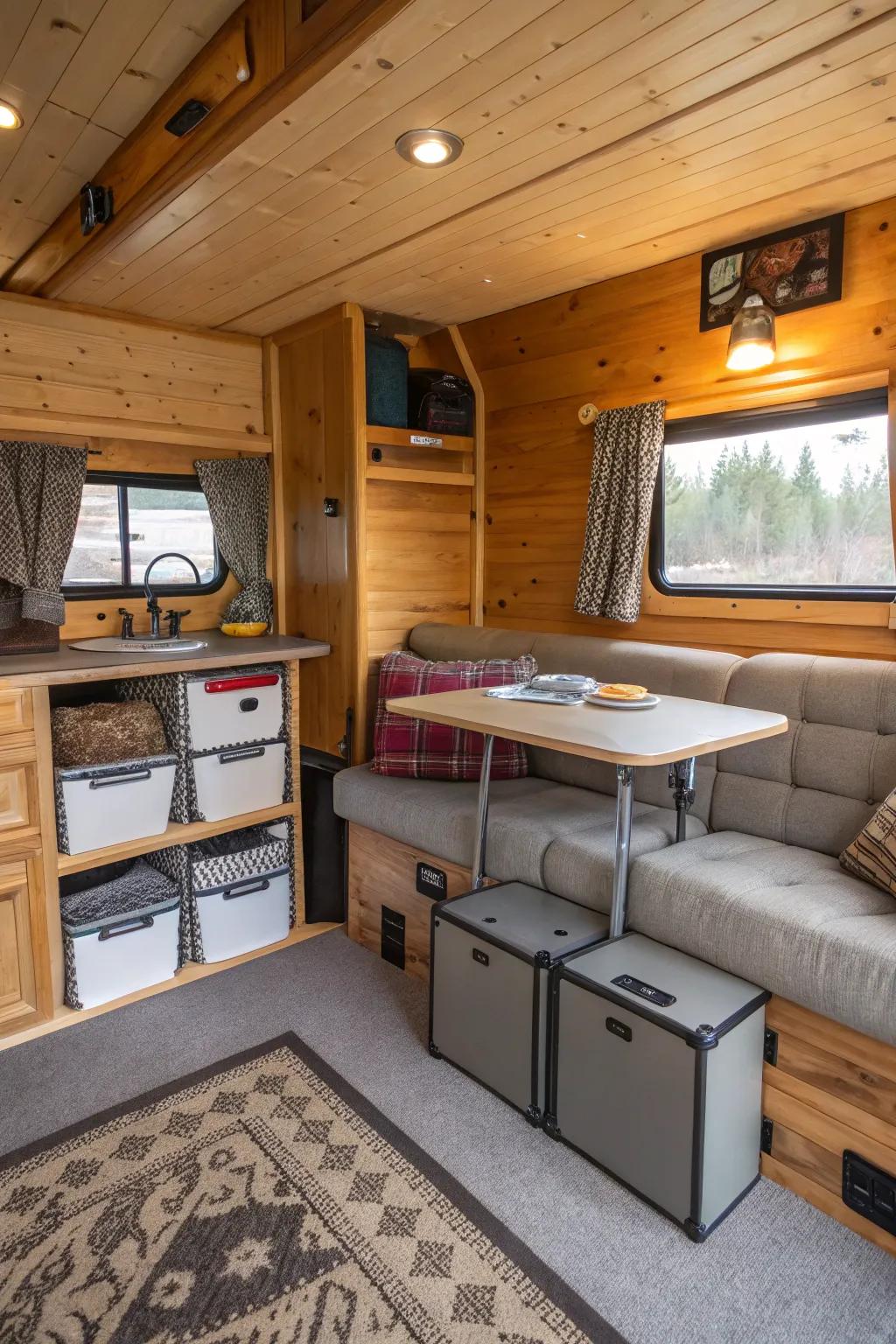 A cabin interior filled with multi-purpose furniture solutions, effectively maximizing space.